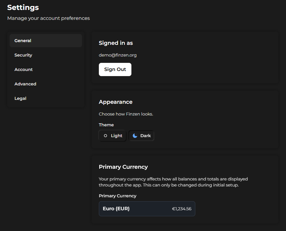 Settings page showing the General tab with email, appearance toggle, and primary currency