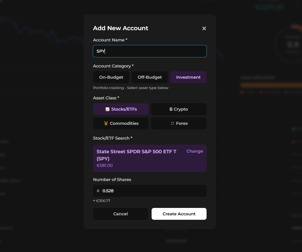 The Add New Account dialog showing account name, category, asset class, and number of shares fields