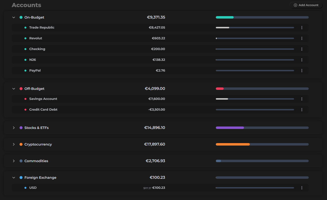 The Accounts view showing On-Budget, Off-Budget, and Investment sections with balances