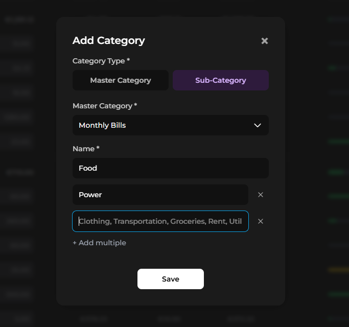 The Add Category dialog showing the option to choose between master category and subcategory