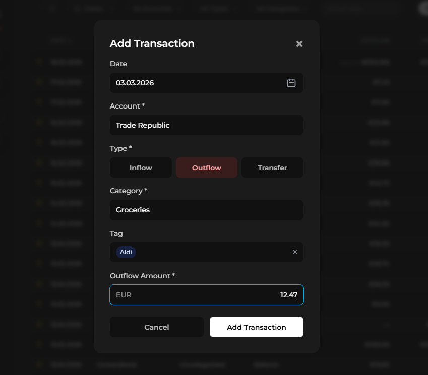 Add Transaction modal
