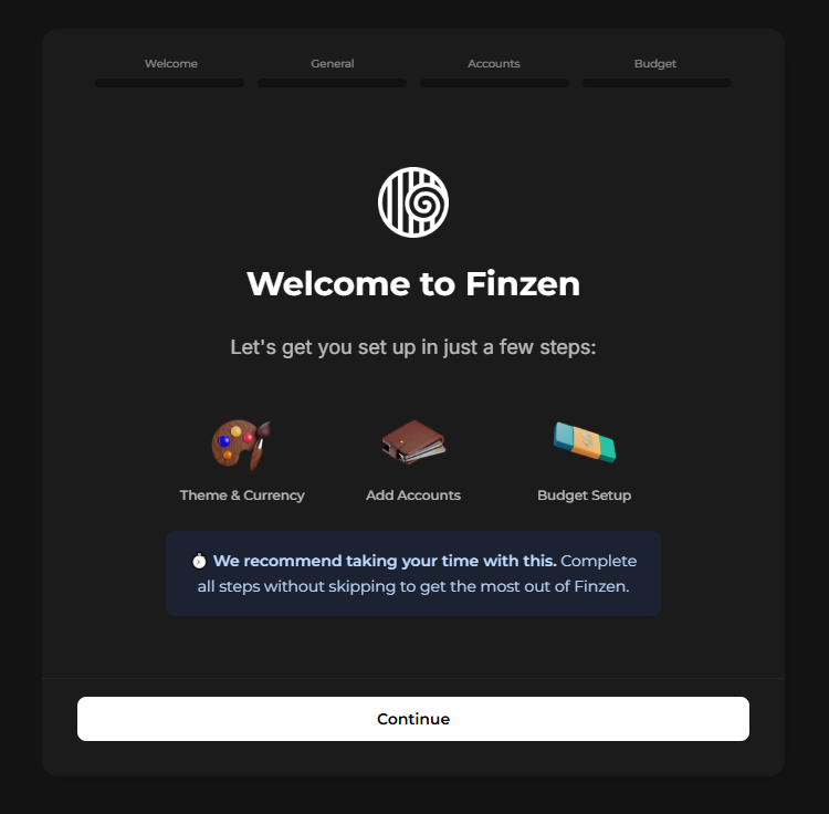 The Finzen setup wizard welcome screen
