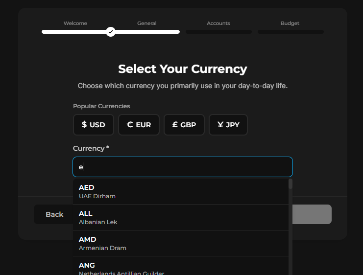 Currency selection step in the setup wizard