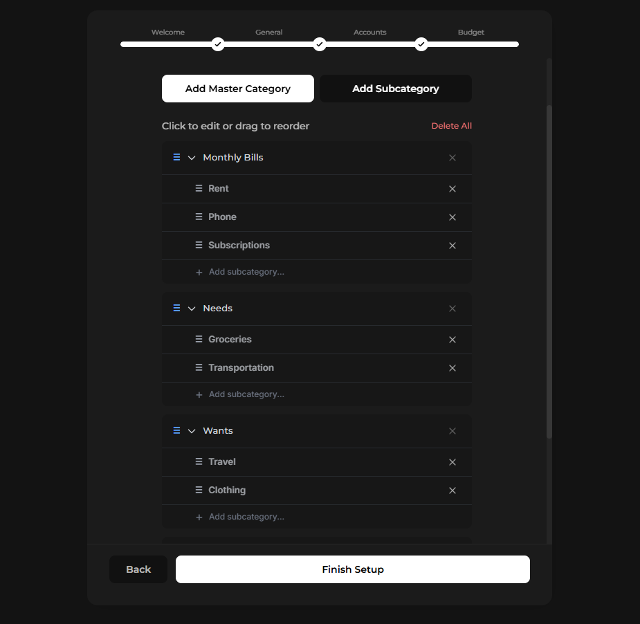 Budget categories step showing master categories and subcategories