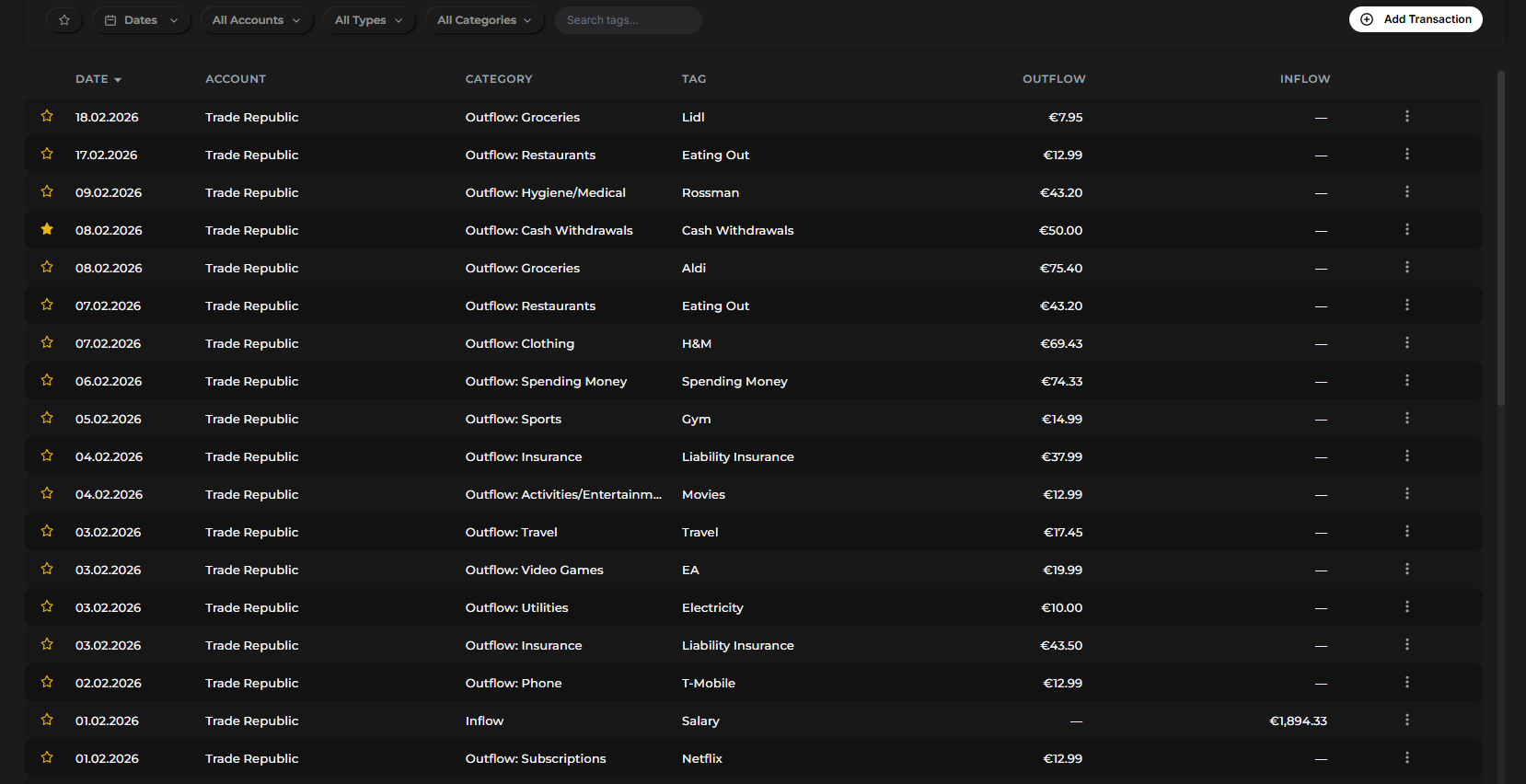The Finzen Transactions page showing a list of entries with filters and the Add Transaction button